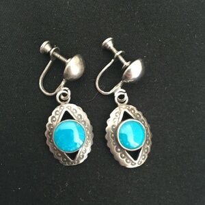 Vintage Sterling Silver Native American Dangle Earrings Screw Back Turquoise